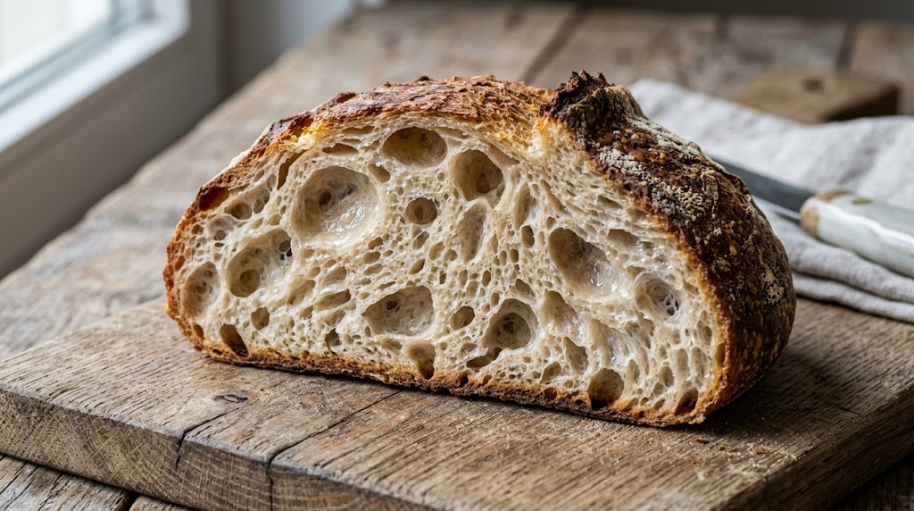 Open crumb surdejsbrød med store lufthuller